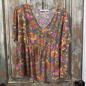Rusttydustty Pink Orange Floral Tunic Soft Shape Blouse Size 2XL Women's Boho